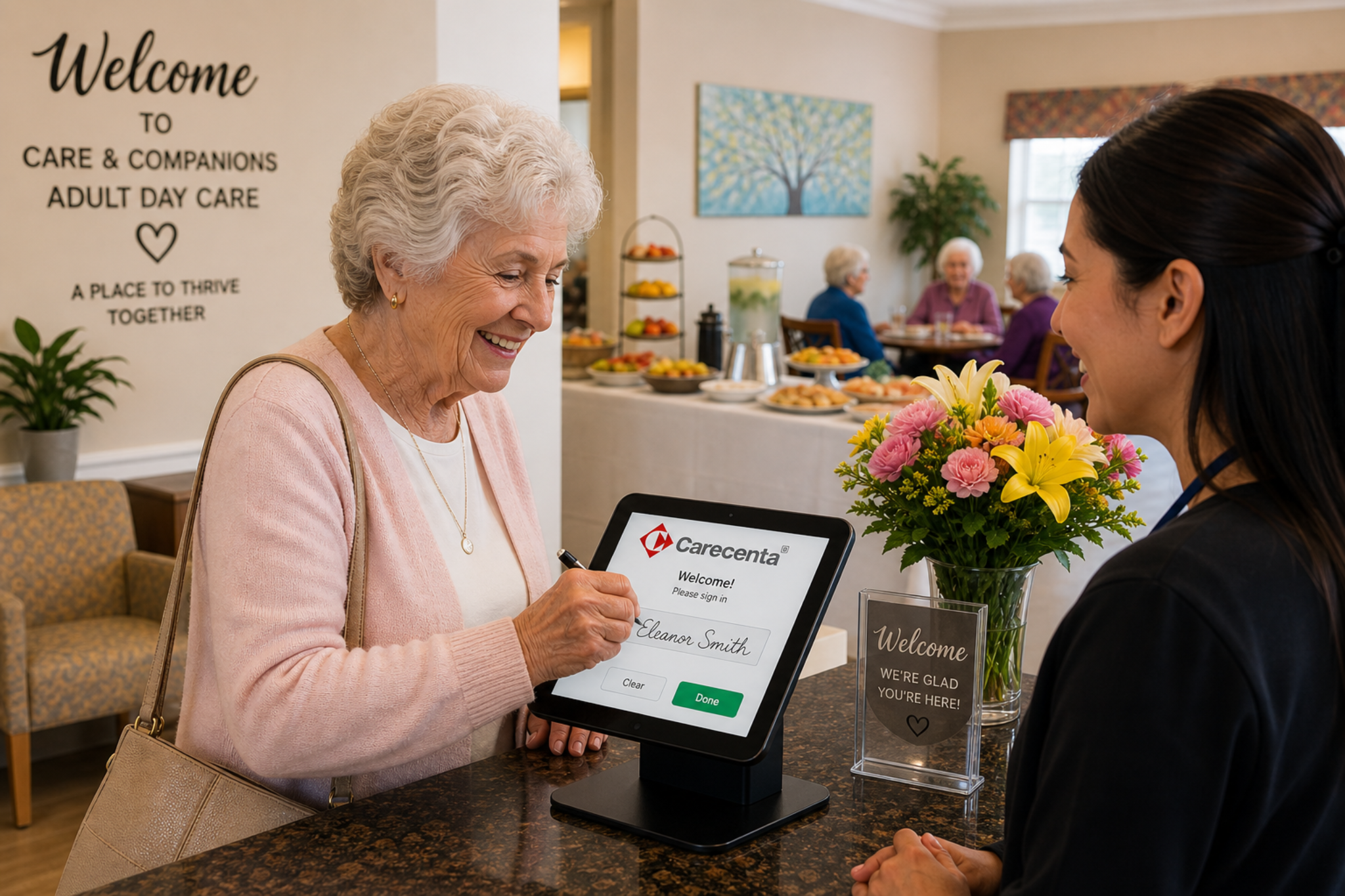 Adult day care participant signing in on a Carecenta tablet at the front desk