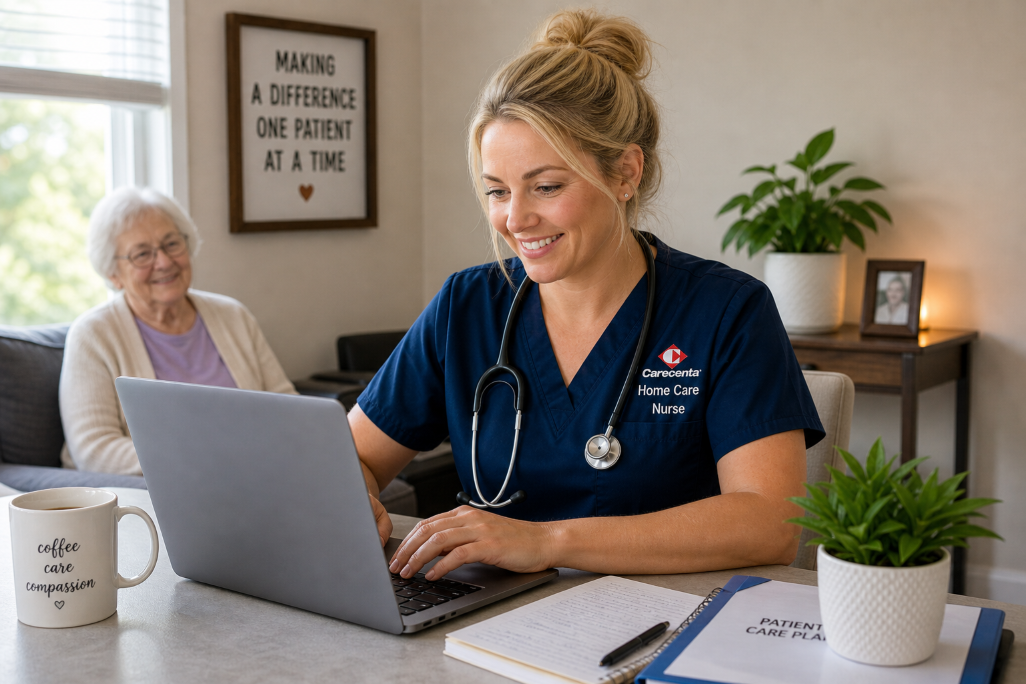 Smiling home care nurse using Carecenta on a laptop while caring for an elderly patient