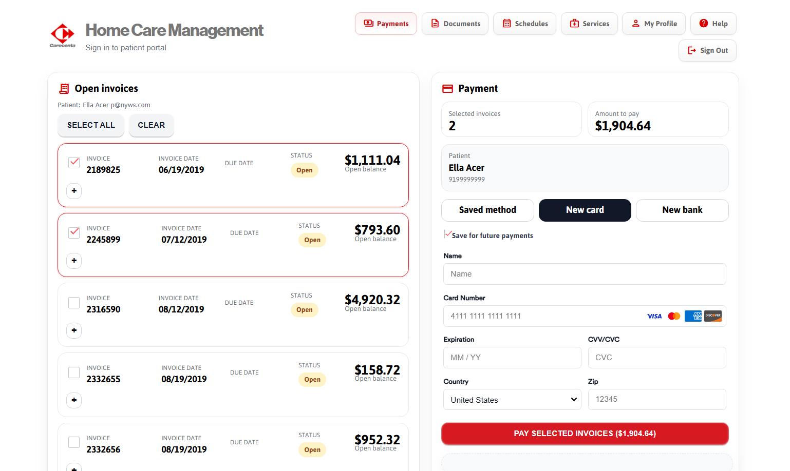Patient payment portal screenshot